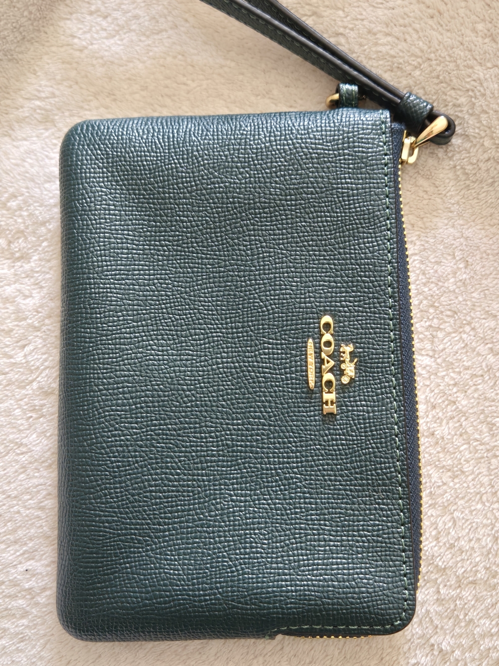 Coach Dark Green Leather Wristlet with Gold Logo